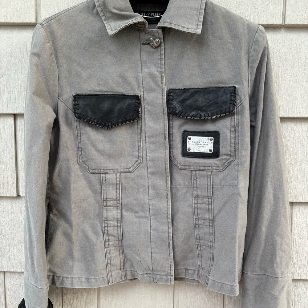 Phillip Plein Studded-Cross Khaki and Leather Jacket